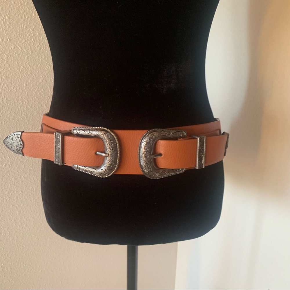 Three Bird Nest Tan Silver Double Buckle Belt